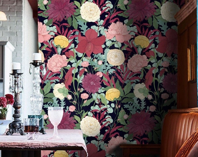 Whimsical Red Floral Wallpaper, Vintage Field Flower Funky wall Art for Botanical Wall Decor