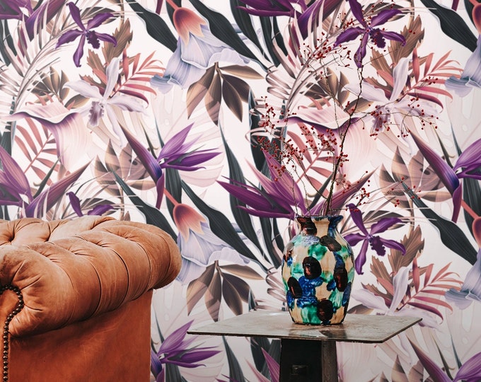 Exotic Tropical Print Hawaiian Wallpaper, Pink and White Floral Wall Art for Modern Beach House Decor