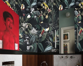 Dark Tropical Wallpaper, Night Colorful Rainforest Animals with Parrot painting Wall Decor, Dark jungle Wall Art