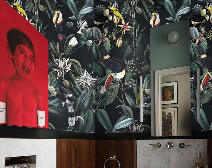 Dark Tropical Wallpaper, Night Colorful Rainforest Animals with Parrot painting Wall Decor, Dark jungle Wall Art