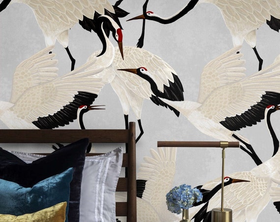 Grey Heron Print Wallpaper, Asian Birds Wall art, Contemporary Design Wall Decor, Vintage Crane Removable Wallpaper