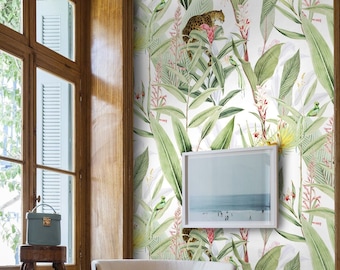 Tropical Jungle Wallpaper with Jaguar Animal, Aesthetic Decor Tiger Green and white Boho Wall Decor