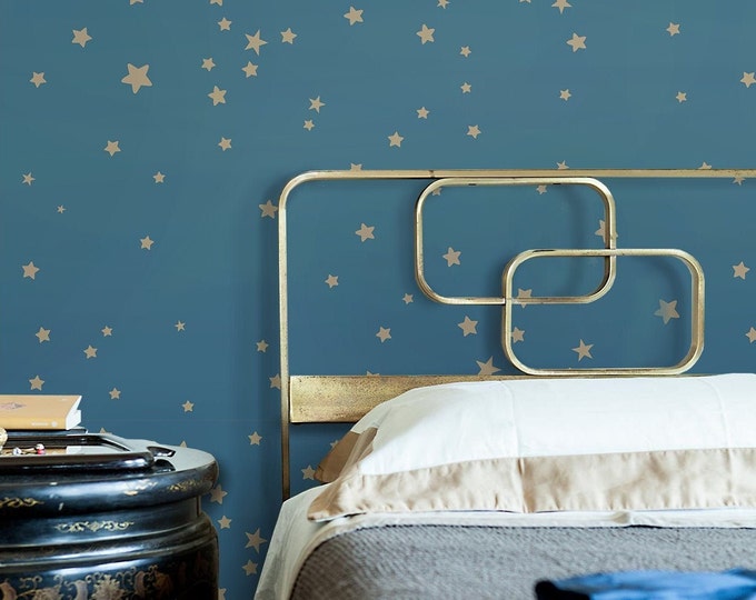 Blue and Gold Stars Wallpaper, Baby Nursery Golden Star Wall Decor with soft color palette.