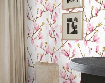 Magnolia flowers wallpaper, spring bloom wall art, cherry blossom pink floral mural