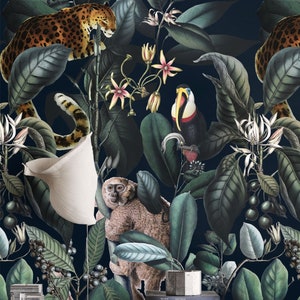 Dark Tropical Wild Jungle Wallpaper with Leopard Jaguar and Monkey, Rainforest Animal Night Forest Temporary Wall Art