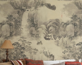 Chinese Landscape Wallpaper | Traditional Ink Wash Painting | Vintage Asian Art Mural | Eco-Friendly & Removable