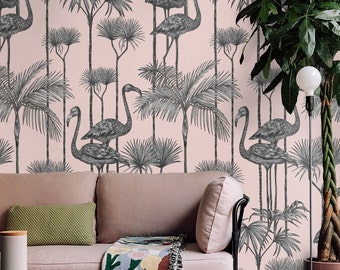 Pink Flamingo Wallpaper, Tropical Birds Vintage Wallpaper, Dramatic Wall Covering