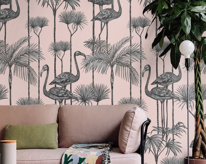Pink Flamingo Wallpaper, Tropical Birds Vintage Wallpaper, Dramatic Wall Covering
