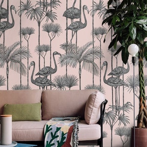 Pink Flamingo Wallpaper, Tropical Birds Vintage Wallpaper, Dramatic Wall Covering