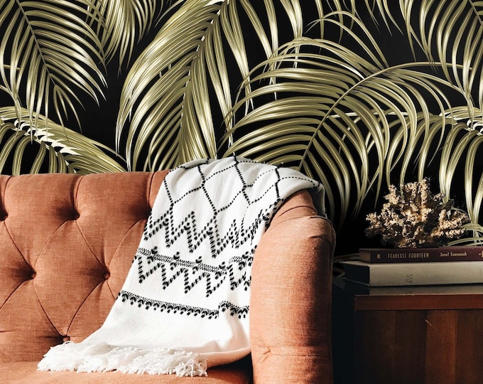 Black and Gold Tropical Leaves Wallpaper, Beach House Decor Jungle Wall Art