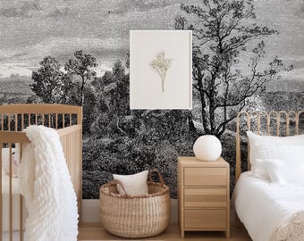 Vintage Engraved Landscape Wallpaper | Black and White Forest Scene Mural | Antique Etching Wall Art | Eco-Friendly & Removable
