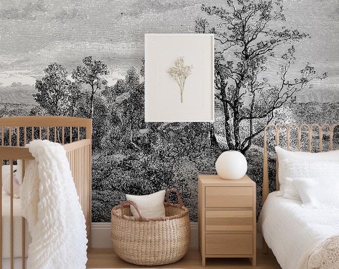 Vintage Engraved Landscape Wallpaper | Black and White Forest Scene Mural | Antique Etching Wall Art | Eco-Friendly & Removable