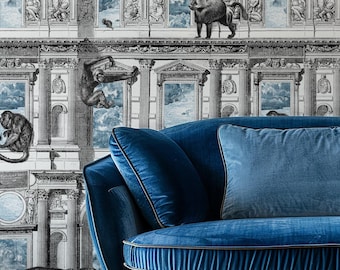 Monkeys Engraved Wallpaper, Vintage Wall Decor, Retro Classic Building Etching Mural for Home & Office