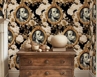 Benjamin Franklin Wallpaper with Brown Florals - Unique Historical Portraits Design, Perfect for Bold Home Decor