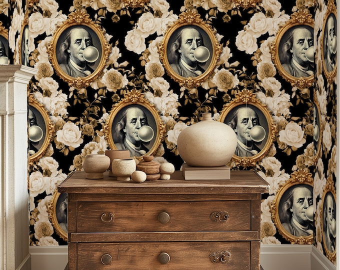 Benjamin Franklin Wallpaper with Brown Florals - Unique Historical Portraits Design, Perfect for Bold Home Decor