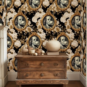 Benjamin Franklin Tapete mit braunen Blumen - Einzigartiges Historisches Porträt-Design, perfekt für mutige Wohnkultur