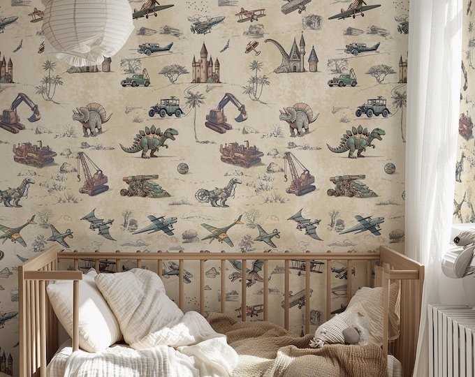 Whimsical World Wallpaper, Fantasy Flight and Dinosaur Machines Wall Decor, Vintage Inspired Adventure Wall Art, Steam Punk Kid's Room