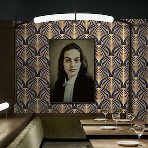 Art Deco Tapete - Luxuriöses Schwarz-Gold-Fächerdesign | Vintage und Retro Wohndekor