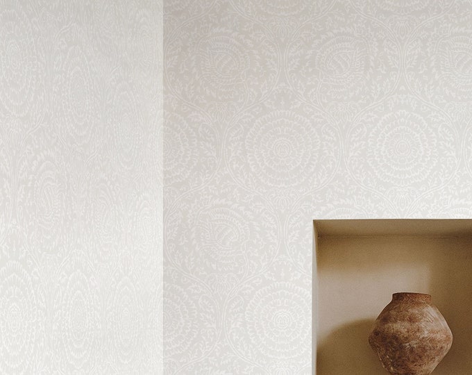 Earth Tones Victorian Wallpaper | Art Nouveau Floral Wall Art in Beige & White | Nude Country Home Decor Accent