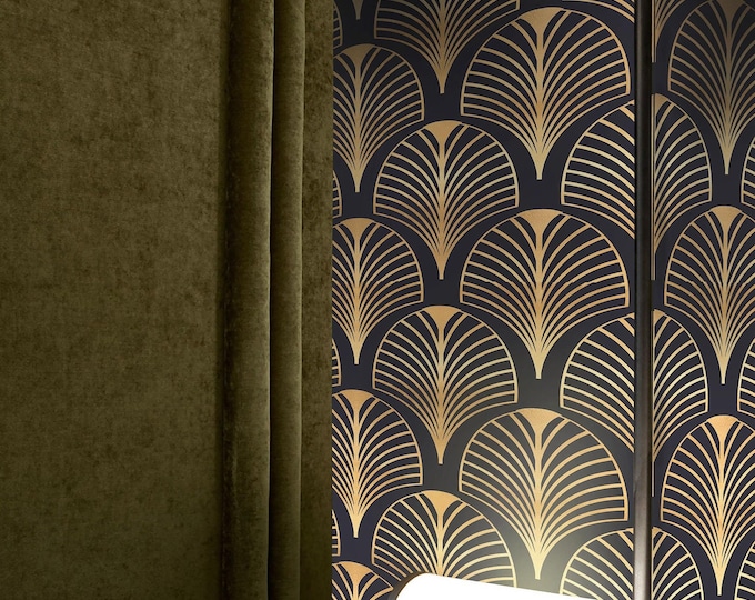 Luxurious Art Deco Fan Wallpaper with Golden Touch on Dark Background, Art Deco Wallpaper in Vintage Style