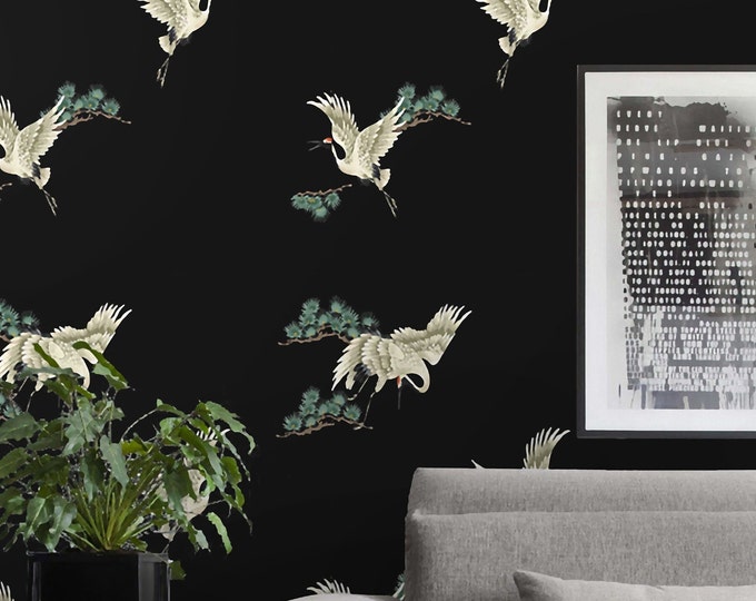Black Crane Asian Wallpaper, Japanese Print Chinoiserie for Dark Decor, Heron Birds