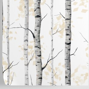 Pu&ograve; includere: Uno sfondo bianco con un motivo di betulle con segni neri. Gli alberi sono stilizzati e hanno un aspetto geometrico. Lo sfondo &egrave; pieno di piccole forme geometriche di colore marrone chiaro.