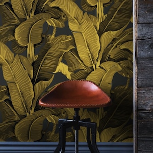 Goldene Bananenblätter Tapete, Goldene Palme Tropische Wandkunst für Tiki-Dekor