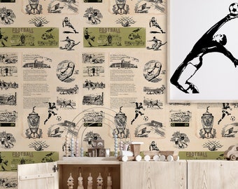 Vintage illustration Football Wallpaper for kids Room Decor, Hand Drawn Sports Themed Newsprint wall art