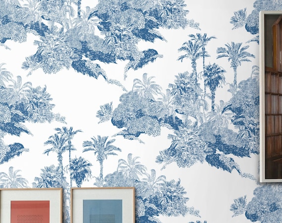 Tropical Landscape Toile wallpaper in Blue and White, Palm Tree Modern Beach House Decor, Toile Removable Wallpaper