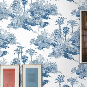 Tropical Landscape Toile wallpaper in Blue and White, Palm Tree Modern Beach House Decor, Toile Removable Wallpaper