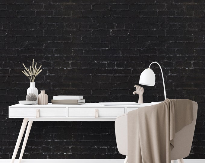 Black Brick Vintage Wallpaper, Bricks effect Dark wall art for office decor, Industrial Wallpaper