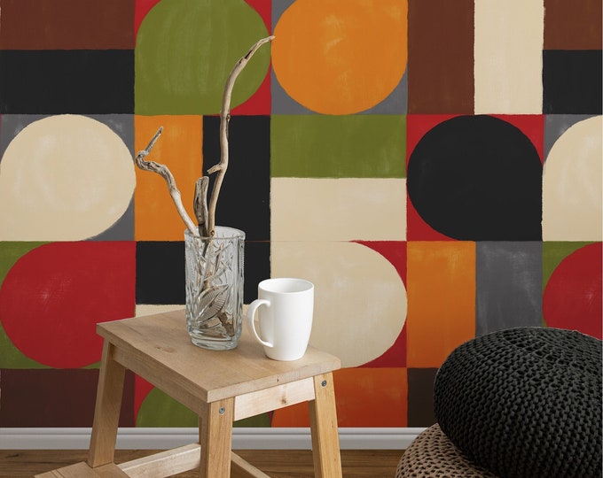 Mid-Century Modern Geometric Wallpaper, Retro 1960s Abstract Wallpaper with Bold Colors for Living Room