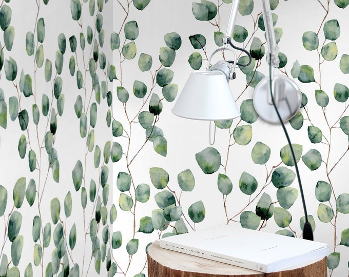 Leaf Eucalyptus Green Boho Watercolor Temporary Wallpaper,  Little Leaf wall Decor