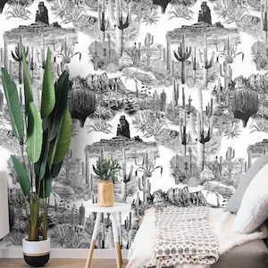 Black and White Cactus Wallpaper, Desert Landscape Wall Decor in Etching Print, Cactus Wall Art