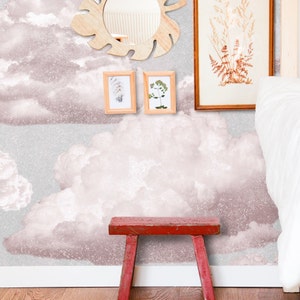 Pink Clouds Wallpaper in Vintage Style, Pink an Grey Nursery Aesthetic Wall Decor