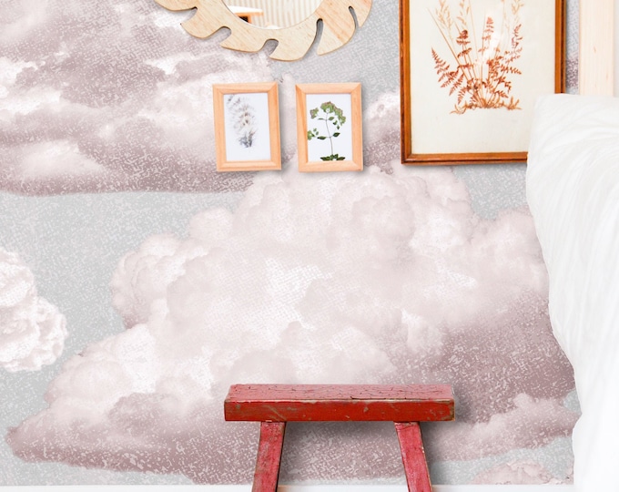 Pink Clouds Wallpaper in Vintage Style, Pink an Grey Nursery Aesthetic Wall Decor