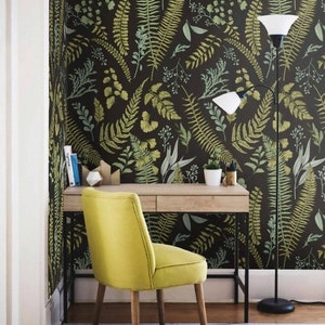 Greenery Fern Botanical Wallpaper - Leaf Illustration Nature Wall Decor, Vintage DIY Office Wall Art