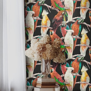 Papagei Tapete auf schwarzem Hintergrund, tropische Wandkunst für dramatische Wand, exotisches Dschungeldekor