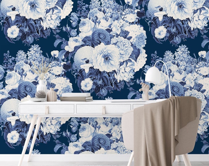 Blue and White Floral Wallpaper, Romantic Flowers Wall Decor, Botanical Print Vintage Illustration Navy Wall Art