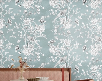 Chinoiserie Art Asian Wallpaper, Country House Wall Decor, Birds and Butterfly Art