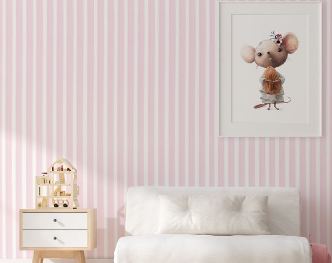 Light Pink Striped Wallpaper, Pink & White Vertical Stripes, Pre-Cut Paper Sheets, Nursery and Kids Room Wall Decor