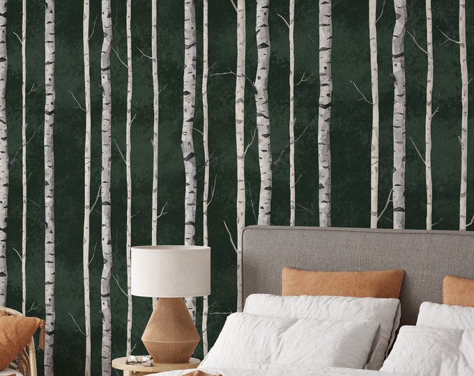 Green and White Birch Woodland Removable Wallpaper, Birchwood Modern Decor for Nursery