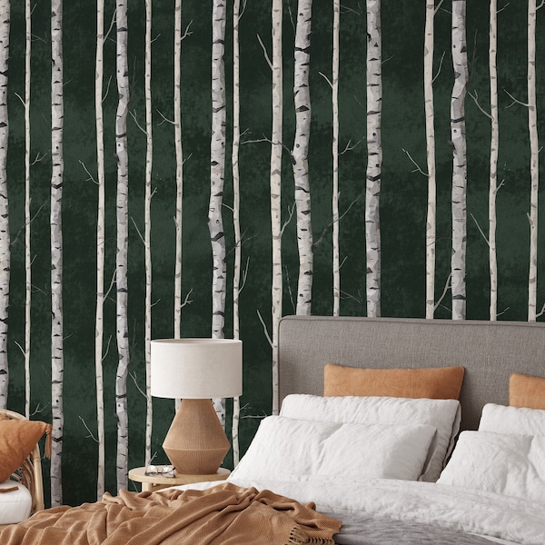 Green and White Birch Woodland Removable Wallpaper, Birchwood Modern Decor for Nursery