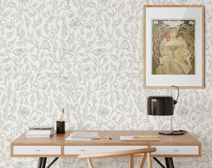 Arts and Crafts Nature Wallpaper, Willow Bough Art Nouveau Cottagecore Decor, Vintage Foliage Boho Wall Art