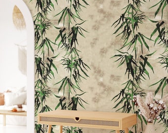 Chinoiserie Decor Bamboo Forest Beige Wallpaper, Japanese Tropical Bamboo Trees Green Wall Decor