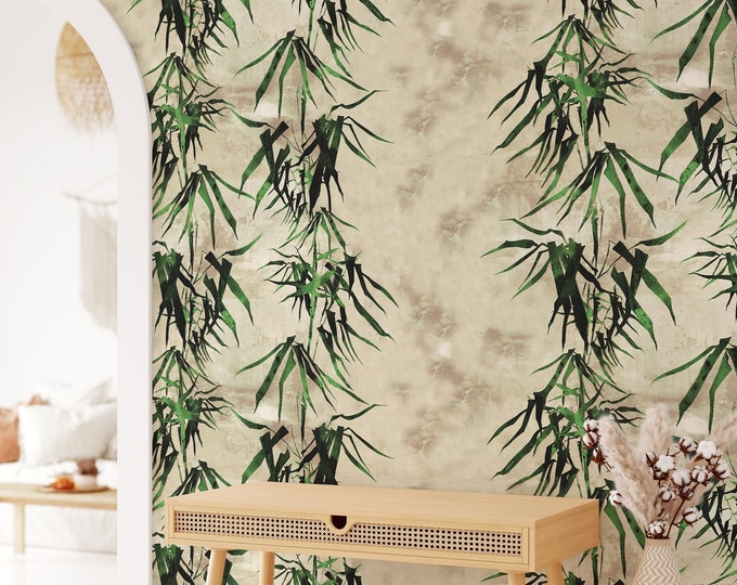 Chinoiserie Decor Bamboo Forest Beige Wallpaper, Japanese Tropical Bamboo Trees Green Wall Decor