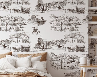 Western Aesthetic Vintage Wallpaper, Desert Wall Decor with Vintage Cowboy and Horses in Retro Comics Style