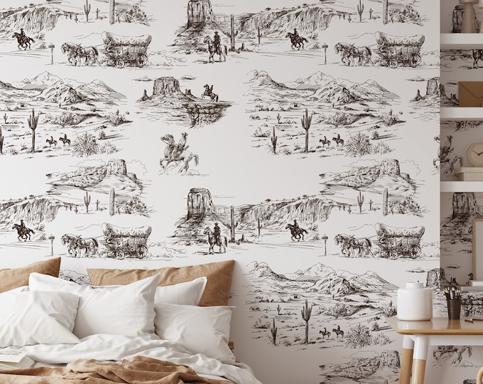 Western Aesthetic Vintage Wallpaper, Desert Wall Decor with Vintage Cowboy and Horses in Retro Comics Style