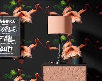 Flamingo Wallpaper in Black and Pink, Birds Wallpaper, Pelican Print Accent Wall Art for Living Room Decor