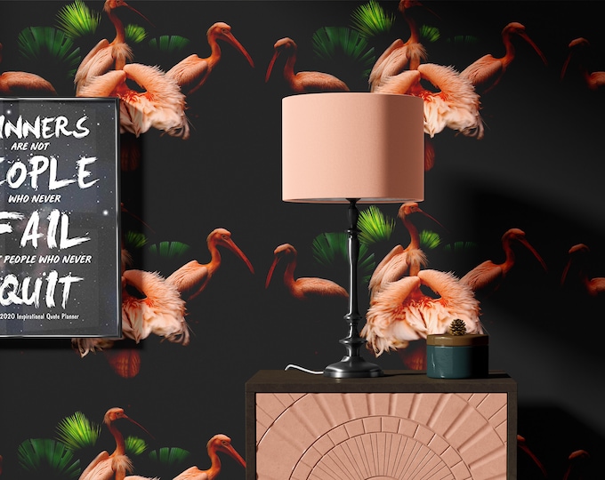 Flamingo Wallpaper in Black and Pink, Birds Wallpaper, Pelican Print Accent Wall Art for Living Room Decor